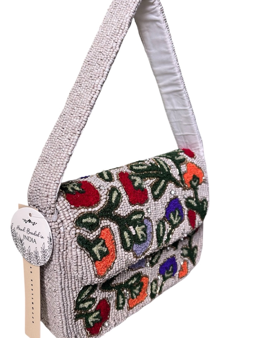Hand Beaded Embroidered Tan Veggie Floral Shoulder Bag